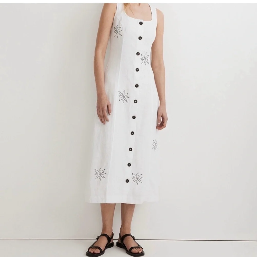 Madewell Linen Embroidered Button Front Midi Dress White Black Size 4 NWT - Picture 2 of 7